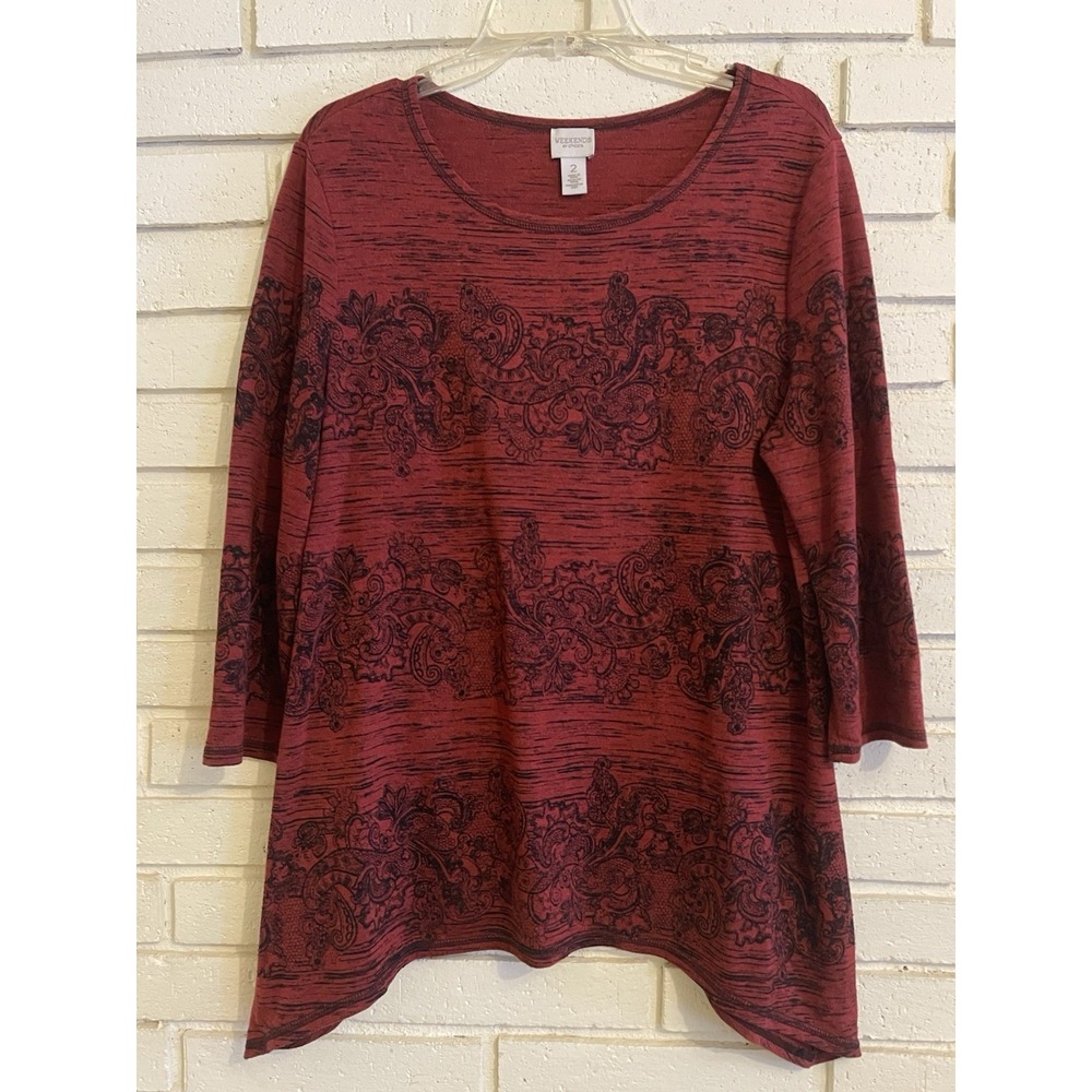 Chicos 2 Tunic Top 3/4 Sleeve Dark Red w/Black Print Asymmetric Hem US Size Lg.
